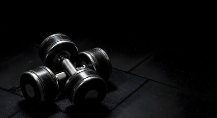 Obraz premium Two metal dumbbells sit on a black rubber tiled floor in a dark gym setting.