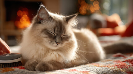 Relaxed cat enjoying a gentle grooming session with eyes closed in comfort. A beautiful fluffy cat is being brushed, appearing calm and content during the pampering session