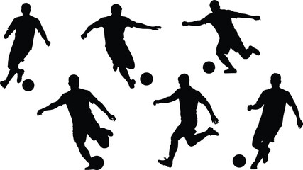 Soccer player silhouette collection showing football kicking, dribbling, running and action poses, athlete vector illustration for sports design and training projects