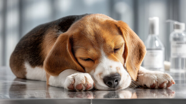 Sleeping beagle puppy resting peacefully at a veterinary clinic. This adorable beagle puppy appears relaxed and comfortable while resting on a stainless steel surface