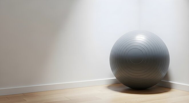 A gray exercise ball is in the corner of a room with wooden floors. - Powered by Adobe