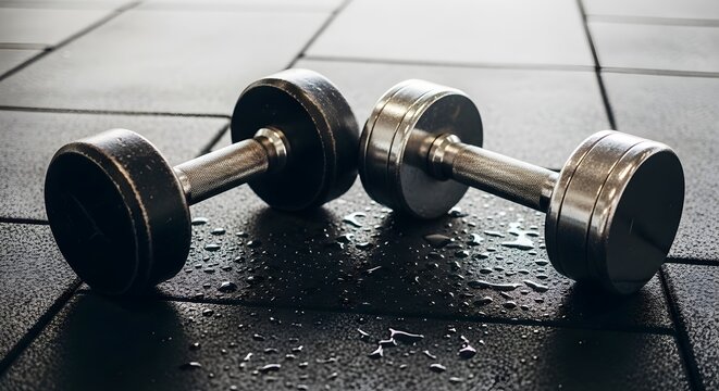 Two dumbbells resting on a wet gym floor with water droplets.