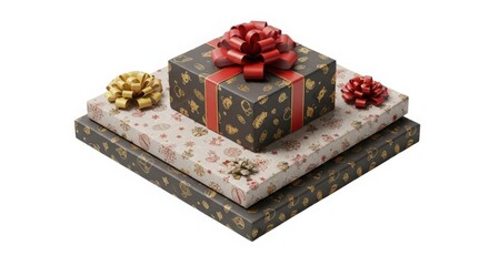 Obraz premium Festive isometric gift box with red ribbon and ornaments on a textured base perfect for holidays