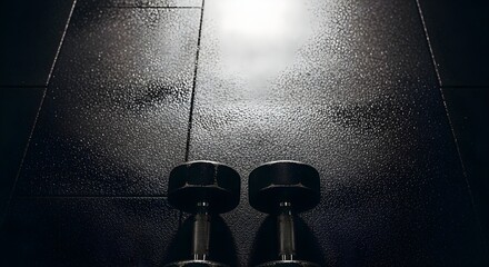 Two black dumbbells sit on a textured dark floor with a light reflection.