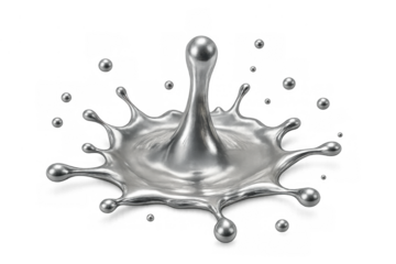 Liquid silver metal splash creating a regal crown effect with multiple droplets, isolated on a transparent background