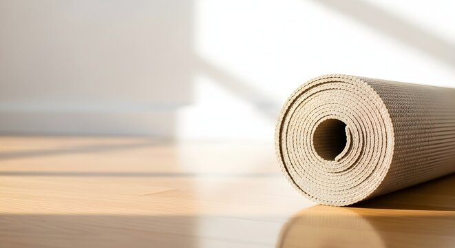 A rolled up yoga mat rests on a wooden floor with sunlight streaming in.
