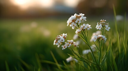 Delicate white wildflowers bloom in a lush green meadow bathed in warm golden hour sunlight