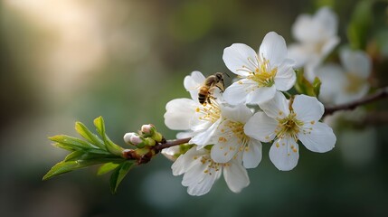 Fototapeta premium A busy bee collects pollen from delicate white cherry blossoms bathed in soft warm morning sunlight on a branch highlighting spring pollination