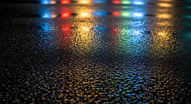 Colorful reflections of lights on a wet asphalt surface at night.