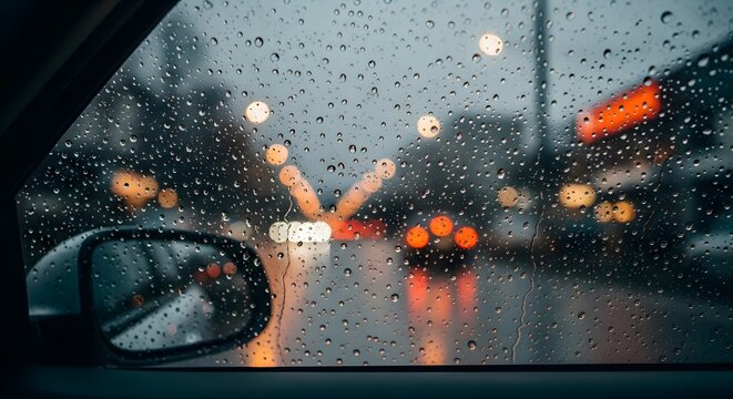 Raindrops on car window with blurred city lights and side mirror view