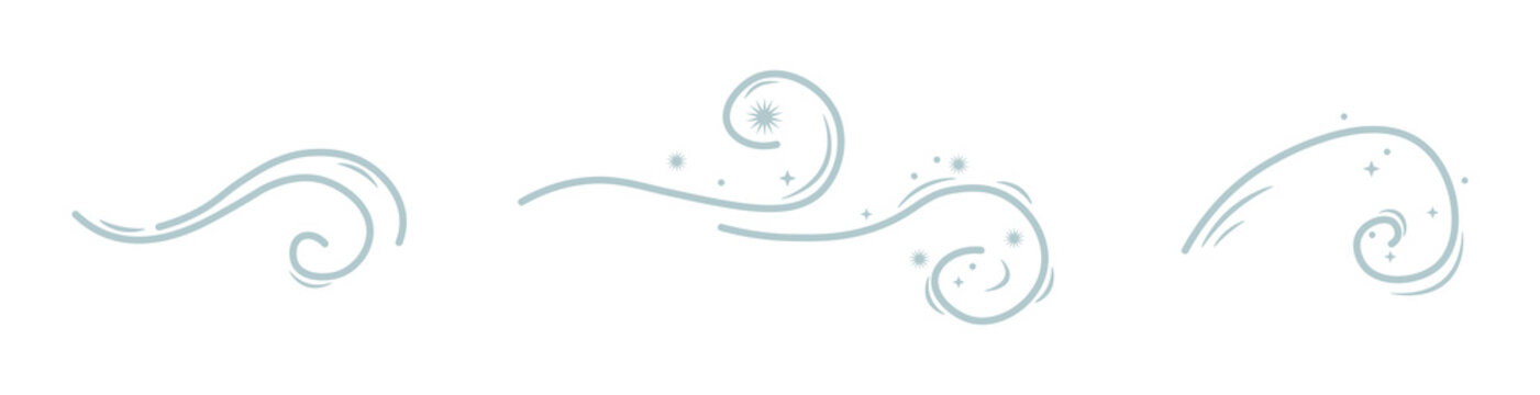 Set of three images. Gray wave, gust of wind, strong wind and  weather phenomenon. Merry Christmas, New Year and winter magic. Flat vector design. Environment.