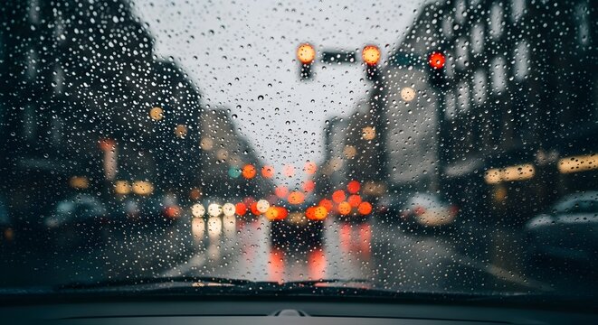 Raindrops on a car windshield obscuring a blurry city street with traffic lights.