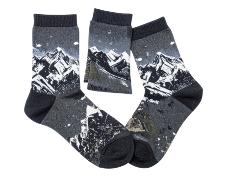 Thick thermal hiking socks in grey with mountain print, isolated PNG