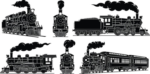 Vintage steam locomotive silhouette collection featuring classic train engines, railroad transportation illustrations and retro rail vehicle designs for creative projects © Nur-Nobin Creations