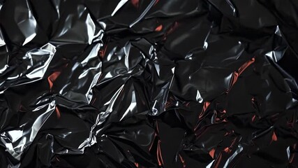 Close-up of crumpled black metallic foil with glossy reflective creases, deep shadows, and rich texture, suitable for dramatic industrial packaging and design material - Powered by Adobe