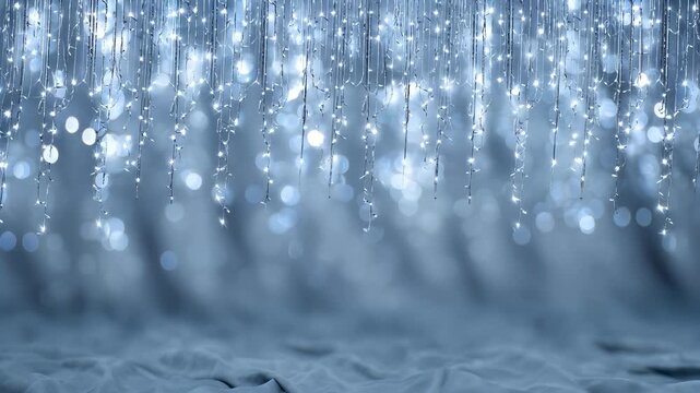 Dreamy blue light curtain with sparkling bokeh and a soft snowlike surface, an abstract festive glow ideal for tech backgrounds, winter scenes, celebrations, atmospheric visuals