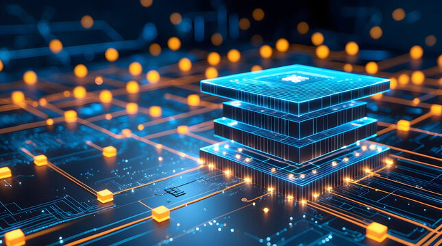 Glowing Blue CPU Microchip on a Futuristic Circuit Board with Data Flow.