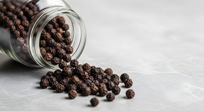 A glass jar spills black peppercorns onto a gray surface.
