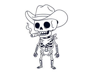 Cute Skeleton Wearing Cowboy Hat and Smoking a Cigar — Line Art Illustration