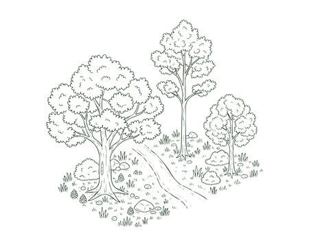 Isometric-Style Forest Scene with Simplified Trees &mdash; Line Art Illustration