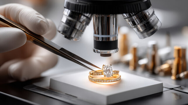 Diamond ring examined under a microscope by a jeweler for quality control. A close-up view shows a jeweler inspecting a diamond ring with tweezers under a microscope for flaws or imperfections