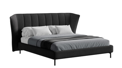 Modern bed with bedding on an isolated background. Furniture for colleges, marketing, and presentations.