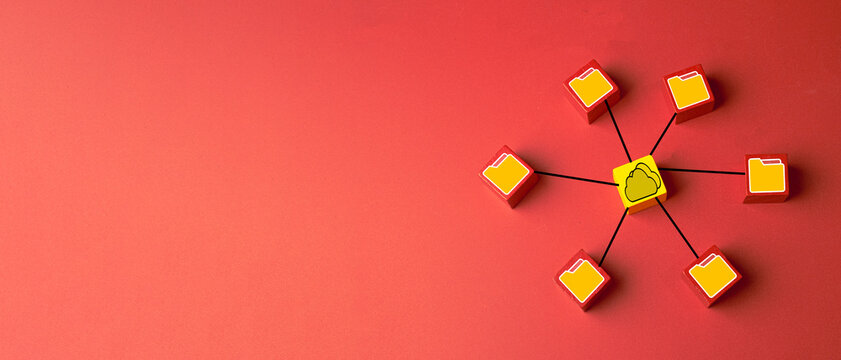 Cloud computing and data storage network concept. A central cloud icon connected to multiple folder icons, symbolizing file synchronization, server database,digital distribution on a red background.