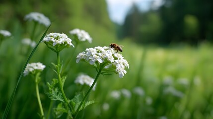 A bee collects pollen from a delicate white flower in a sunlit green meadow highlighting nature s pollination process