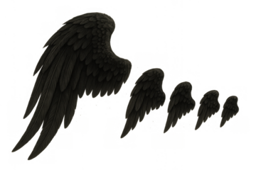 Set of black feathered wings in different sizes, useful for fantasy characters like angels, demons, or spiritual concepts