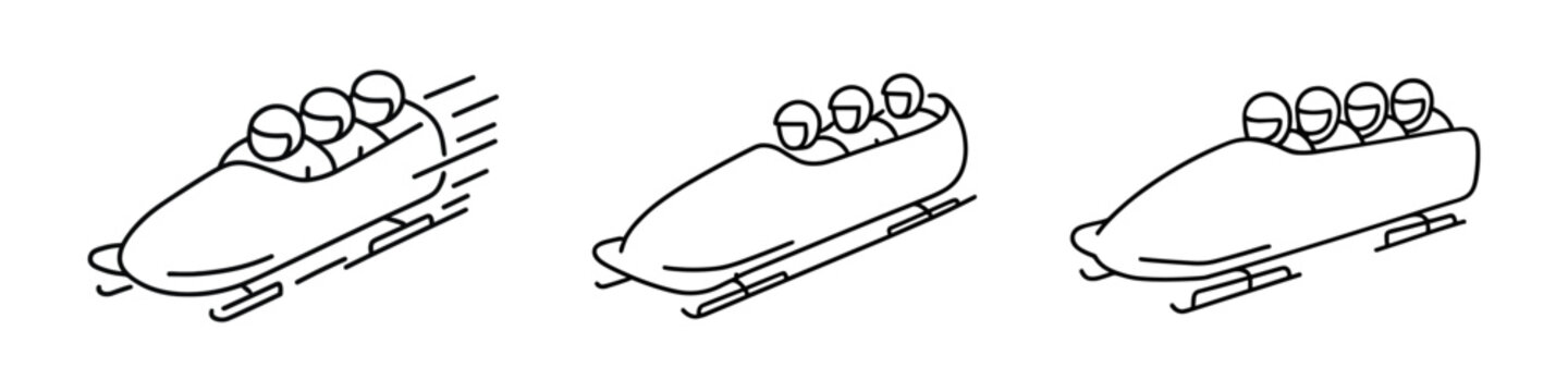 Line art illustrations of four-person bobsleigh teams racing on an ice track.