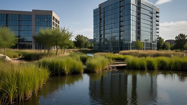 Restored urban wetland integrating natural water, lush plants, and contemporary architecture