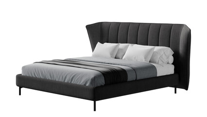 Modern black double bed on an isolated background. Furniture for collages, graphics designs, and presentations.
