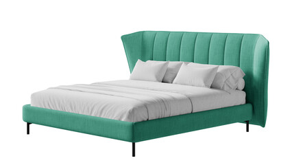 Contemporary bed with comforter and pillows on an isolated background. 
