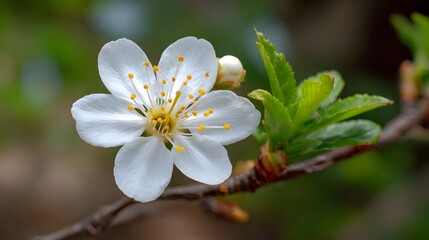 Fototapeta premium A delicate white blossom with yellow stamens and fresh green leaves on a branch during springtime