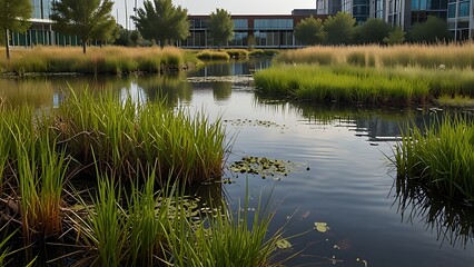 Modern architectural elements combined with water and vegetation in an urban wetland restoration site