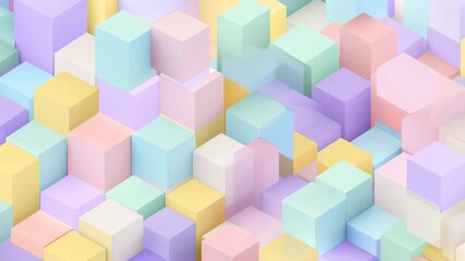 A vibrant field of pastel cubic blocks arranged in a playful abstract 3D landscape, showcasing geometric color harmony for modern design, branding, education, and storytelling.