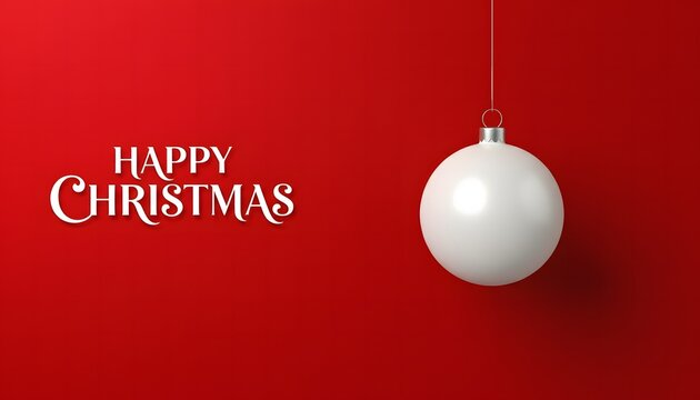 A single white oval christmas ornament hangs from a thin gold string against a vibrant red background with the words happy christmas in elegant gold lettering - Powered by Adobe