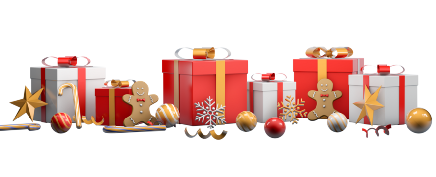 Holiday Cheer in a Festive Display: A vibrant assortment of wrapped gifts and ornamental accents, embodies the spirit of the holiday.