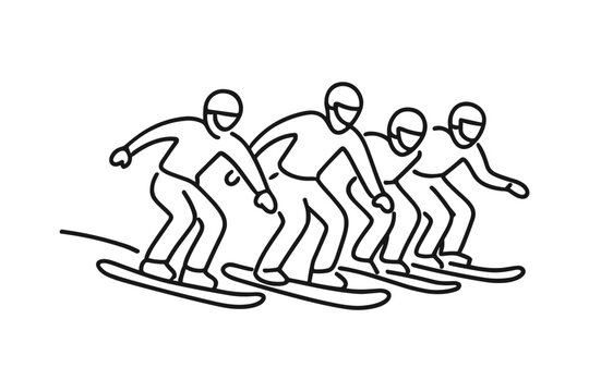 Snowboarders competing side by side in a boardercross race on a snowy slope.