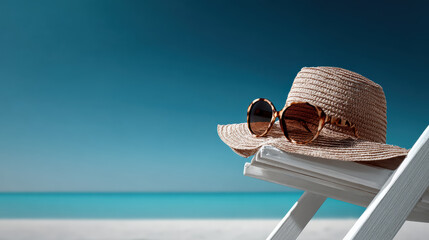 Relaxing summer vacation scene with straw hat and sunglasses on beach chair. peaceful tropical ocean background for serene holiday