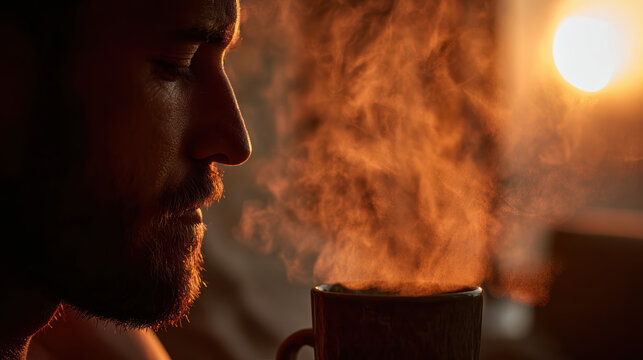 Peaceful man enjoying his morning coffee, relaxing with warm mug. Steam from hot drink rises, catching beautiful warm sunrise light
