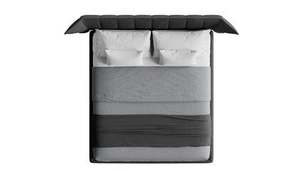 Modern black double bed with bedding on an isolated background.