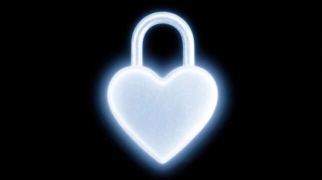 Romantic fantasy glowing heart shaped lock, luminous symbol of love and allure. magical white padlock glows with secure bright light
