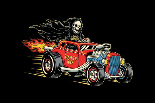 Grim Reaper driving a hot rod car with flames.