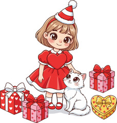 Valentine Girl with Cute Cat and Colorful Gift Boxes