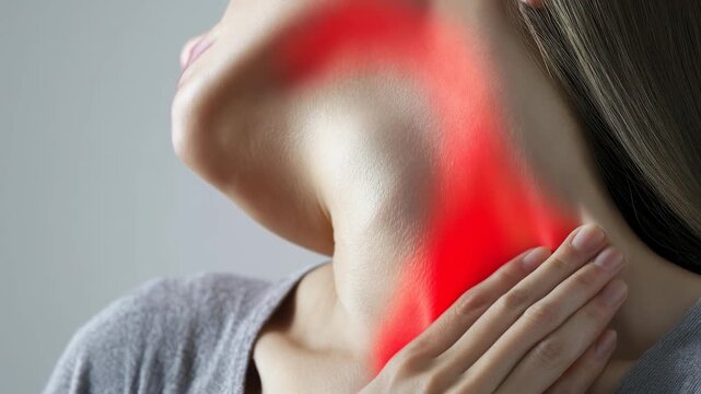 Close-up of a person's neck with a red glow highlighting throat discomfort and neck pain, conveying medical symptoms such as inflammation, irritation, swelling, and soreness.