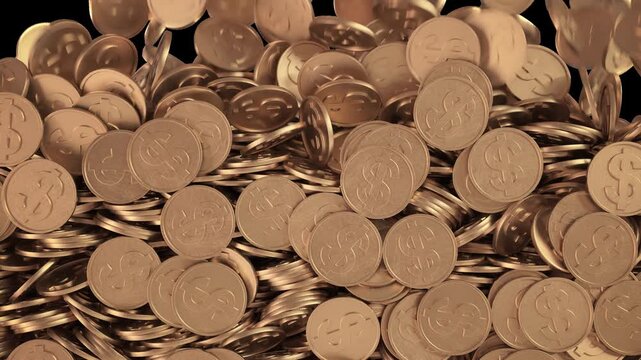 Gold coins falling and accumulating to fill the screen. 3D animation of dollar currency piling up on a transparent background with alpha channel.