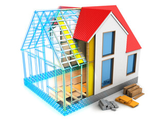 3D-rendered house with cutaway view showing construction stages from steel frame to finished exterior.