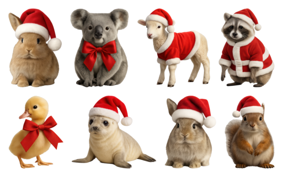 PNG Adorable animals in festive attire, transparent background