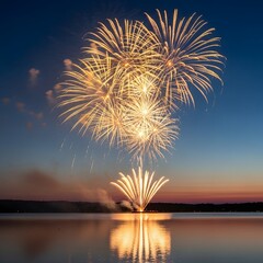 Spectacular golden fireworks explode in the twilight sky reflecting on a calm lake creating a beautiful symmetrical display of light and color